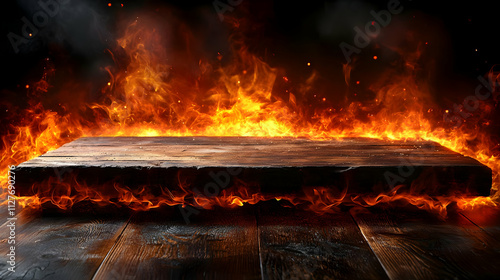 Fiery Wooden Tabletop: Inferno Backdrop, Dramatic Display