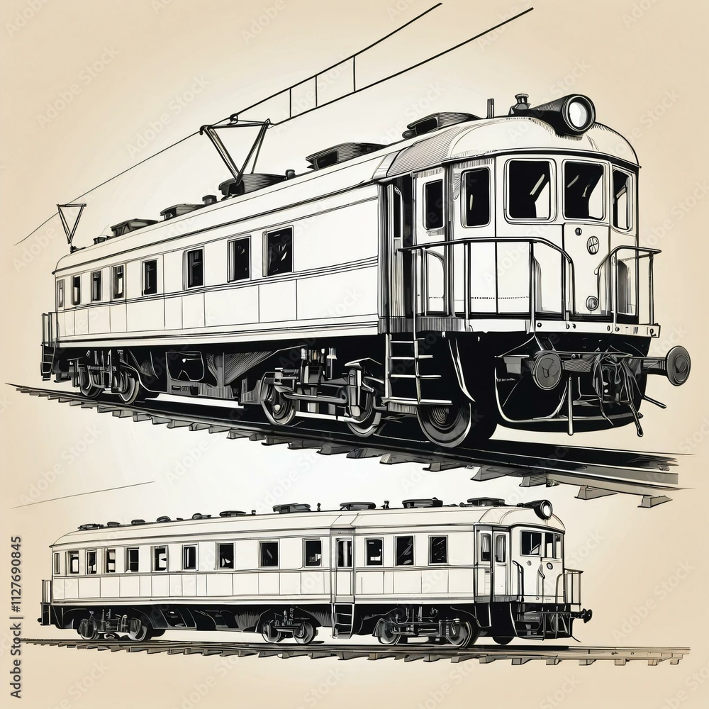 Detailed black and white drawing of a locomotive: precise lines and technical representation of a train on rails Detailed black and white drawing of a locomotive: precise lines and technical representation of a train on rails
