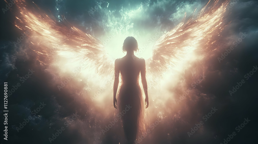 Angelic Figure with Fiery Wings, Divine Light Angelic Figure with Fiery Wings, Divine Light