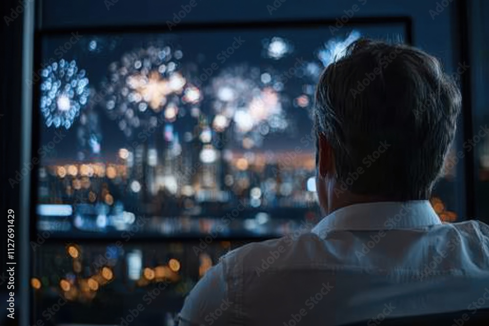 A thoughtful individual watching a mesmerizing fireworks display from a city apartment, capturing the essence of contemplation and joy amidst a vibrant urban backdrop. A thoughtful individual watching a mesmerizing fireworks display from a city apartment, capturing the essence of contemplation and joy amidst a vibrant urban backdrop.