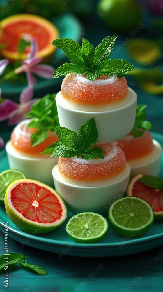 Stacked coconut lemongrass panna cotta desserts decorated with fresh mint leaves, lime slices. Tropical dessert delights presented on teal plate. Healthy sweet dish for recipe blog social media post. Stacked coconut lemongrass panna cotta desserts decorated with fresh mint leaves, lime slices. Tropical dessert delights presented on teal plate. Healthy sweet dish for recipe blog social media post.