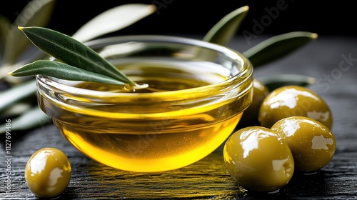 Golden olive oil in glass bowl with olives and leaves. photo