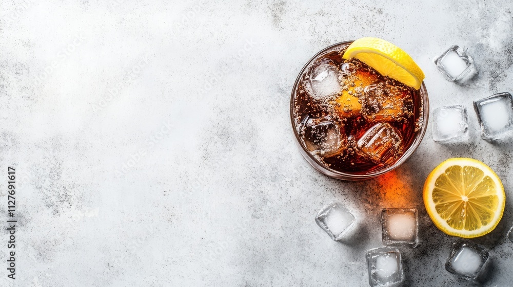 Refreshing iced cola with lemon and ice cubes on concrete surface Refreshing iced cola with lemon and ice cubes on concrete surface