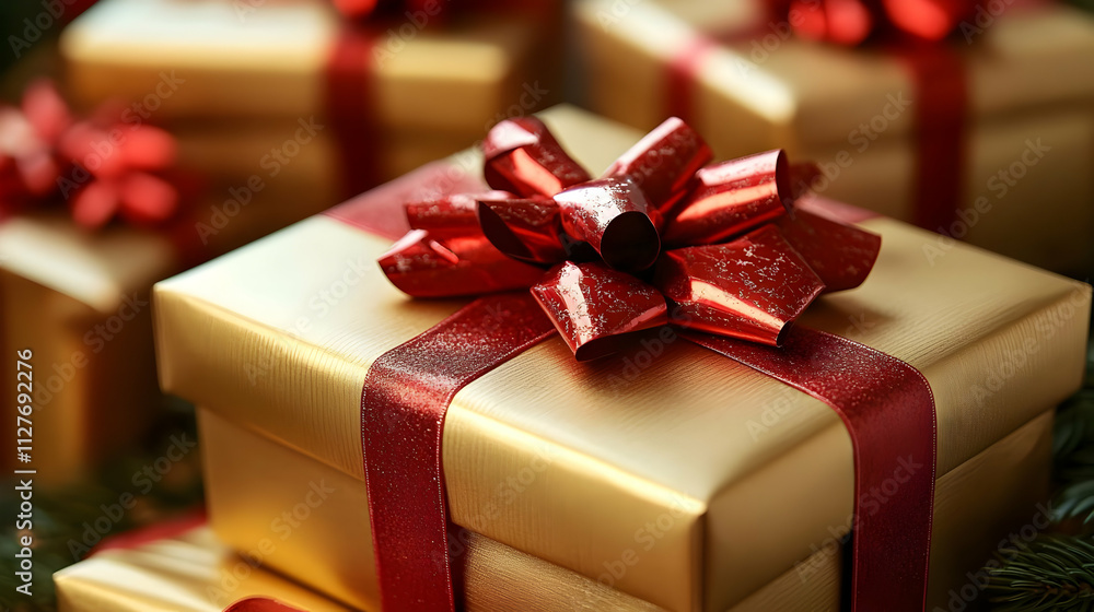 Gold Gift Boxes with Red Bows: Festive Holiday Presents Gold Gift Boxes with Red Bows: Festive Holiday Presents