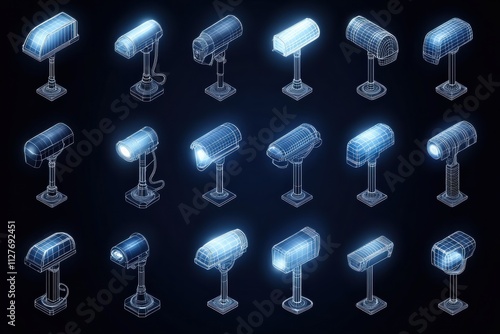 Collection of Futuristic Mailboxes - Isometric Wireframe Design photo