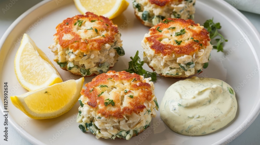 Delicious Crab Cakes with Lemon and Herb Sauce. Savory crab cakes served with fresh lemon wedges and a creamy herb sauce, perfect for gourmet dining. Delicious Crab Cakes with Lemon and Herb Sauce. Savory crab cakes served with fresh lemon wedges and a creamy herb sauce, perfect for gourmet dining.