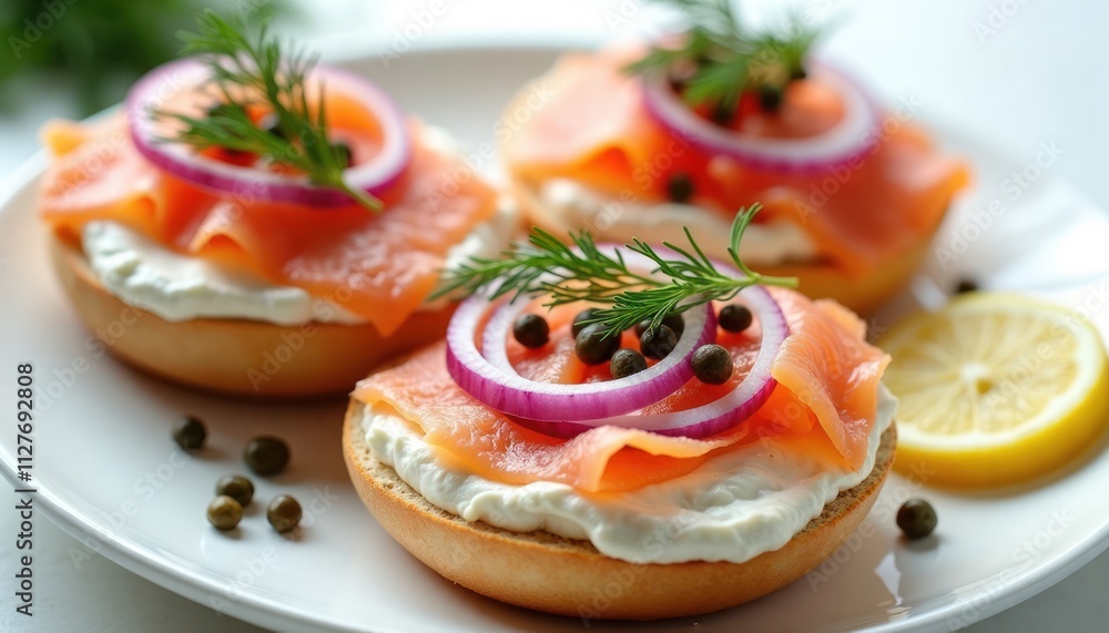 Delicate smoked salmon bagels with cream cheese capers, red onion rings. Appetizing breakfast brunch item. Fresh, delicious. Perfect for light meal. Ideal for quick, healthy start to day. Suitable Delicate smoked salmon bagels with cream cheese capers, red onion rings. Appetizing breakfast brunch item. Fresh, delicious. Perfect for light meal. Ideal for quick, healthy start to day. Suitable