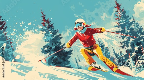 A vibrant vintage skiing poster featuring a skier in bright attire, capturing the thrill of winter sports.