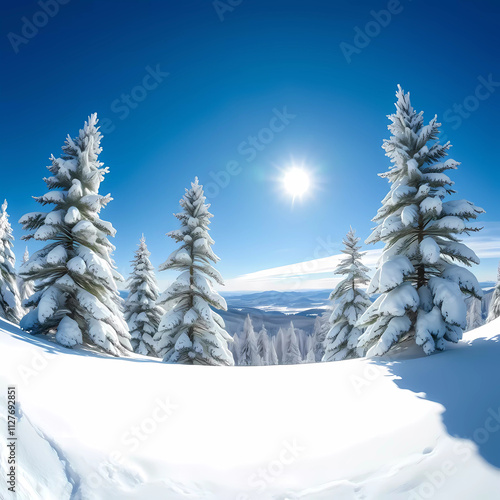 Winter wonderland enveloped by sparkling snow under a clear blue sky in the heart of nature\'s majesty. Generative AI photo