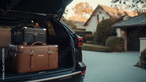 A close-up shot of the open trunk of an SUV loaded with travel bags, emphasizing the details and textures of the luggage against the sleek interior, in the soft morning light of a quiet suburban neigh photo