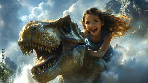 Fototapeta Naklejka Na Ścianę i Meble -  Girl Rides Dinosaur: Prehistoric Adventure Thrills!