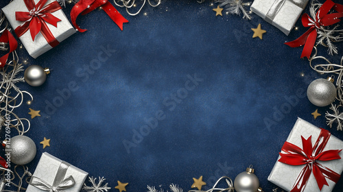 Christmas Frame with Gifts, Red Ribbons, and Ornaments on Blue Background. A festive Christmas frame featuring wrapped gifts with red ribbons, silver ornaments, golden stars, and sparkling decorations