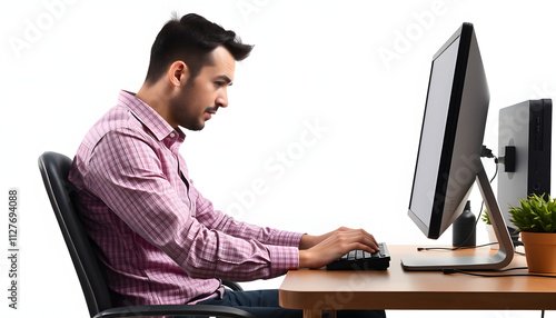 Man Sitting In Bad Posture Working On Computer isolated with white highlights, png