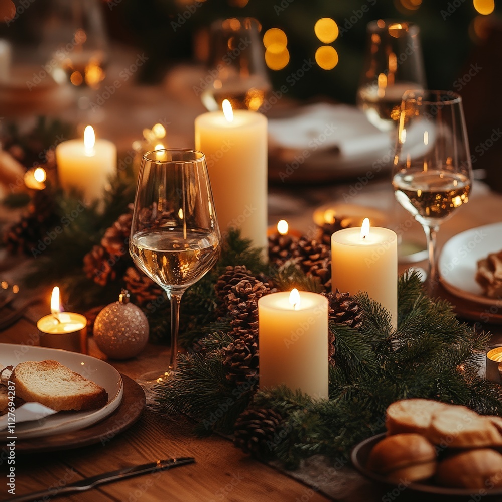 Inviting Holiday Dinner Table Decorated with Cozy Candles and Pine Accents Inviting Holiday Dinner Table Decorated with Cozy Candles and Pine Accents
