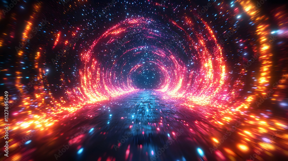 Obraz premium Vibrant Light Tunnel: Cosmic Rays Dance Through a Starry Vortex