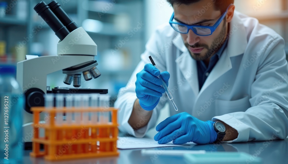 Fototapeta premium Scientist in lab coat, protective gloves carefully examines documents, test tube. Modern equipment like microscope, test tubes visible in lab setting. Scientist records data, analyzes results for