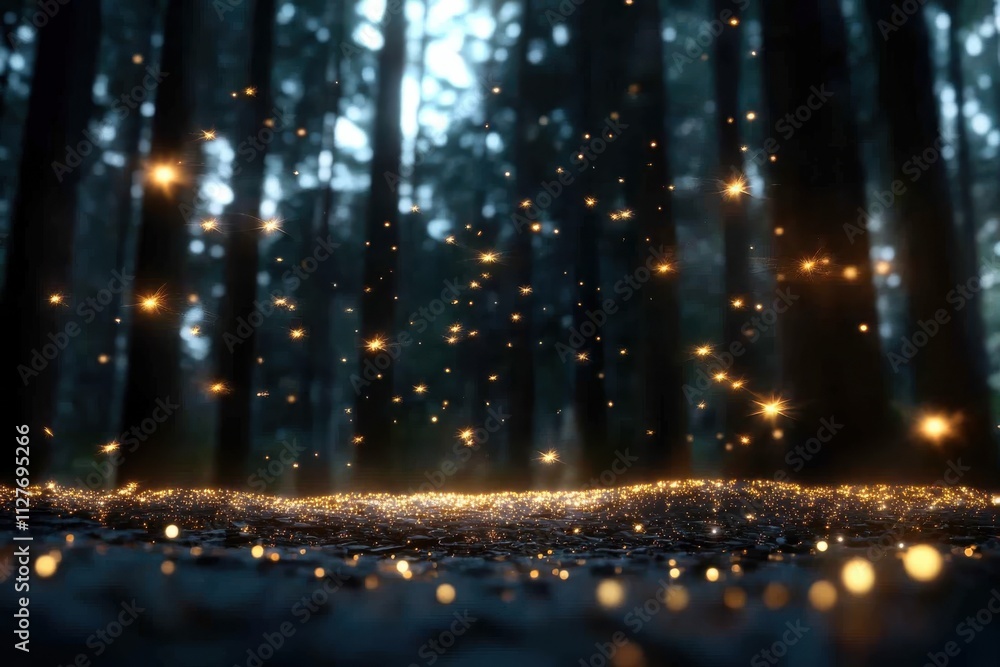 Naklejka premium This image showcases mystical illuminations on a tranquil forest floor, where soft glowing lights create a serene space, evoking a sense of wonder and contemplation in nature.