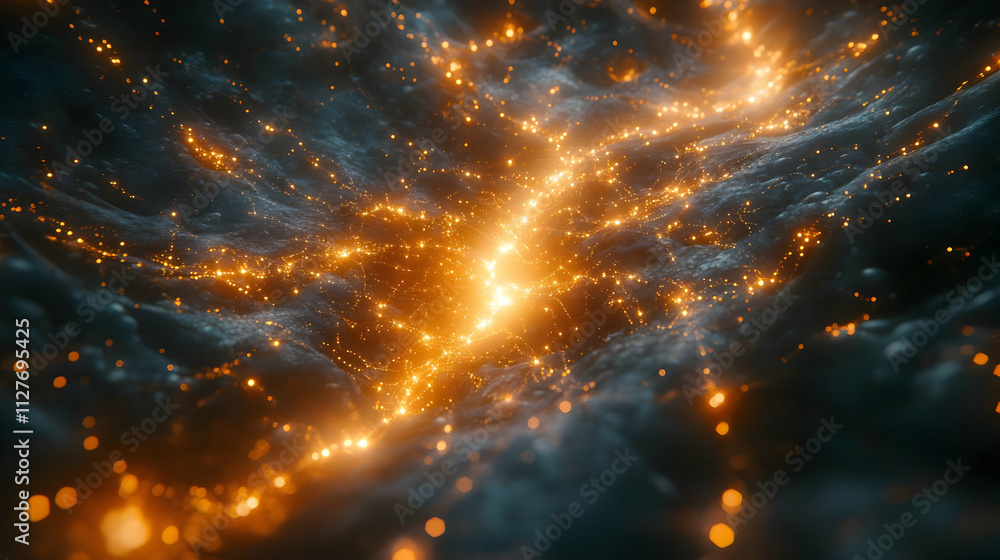 Naklejka premium Glowing Network: Abstract Light Trails Across Dark Surface, Cosmic Energy