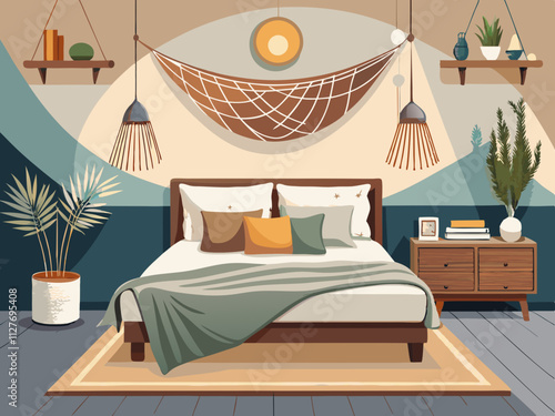 colorful illustration of a bedroom with a low-profile bed, neutral linens, and a macramé wall hanging.