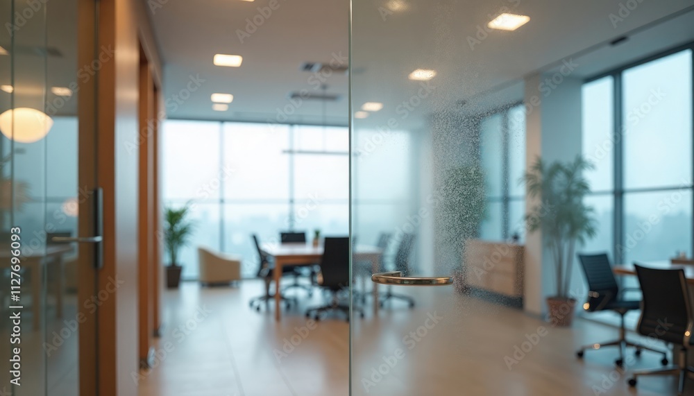 Modern frosted glass door opens to bright office with contemporary furniture. Meeting room interior. Clean and spacious room. Natural light through large windows. Minimalist design. Stylish workplace. Modern frosted glass door opens to bright office with contemporary furniture. Meeting room interior. Clean and spacious room. Natural light through large windows. Minimalist design. Stylish workplace.