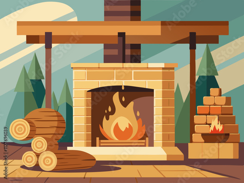 colorful illustration of a fireplace area with neatly stacked firewood and a light, airy feel.