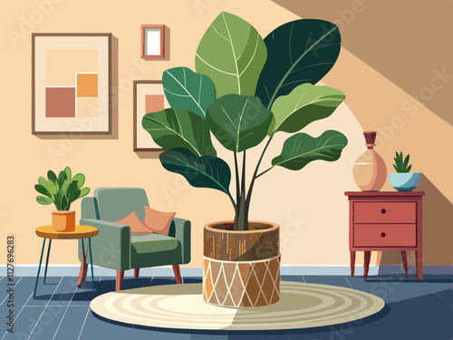 colorful illustration of a living room corner with a large fiddle leaf fig in a woven basket.