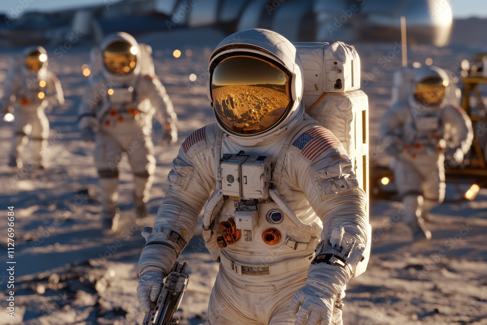 Naklejka premium A team of astronauts explores the lunar surface, showcasing their journey of discovery, teamwork, and human ingenuity against the backdrop of an alien landscape.