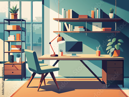 colorful illustration of a Scandinavian-style workspace with a sleek wooden desk, ergonomic chair, and clean shelves.