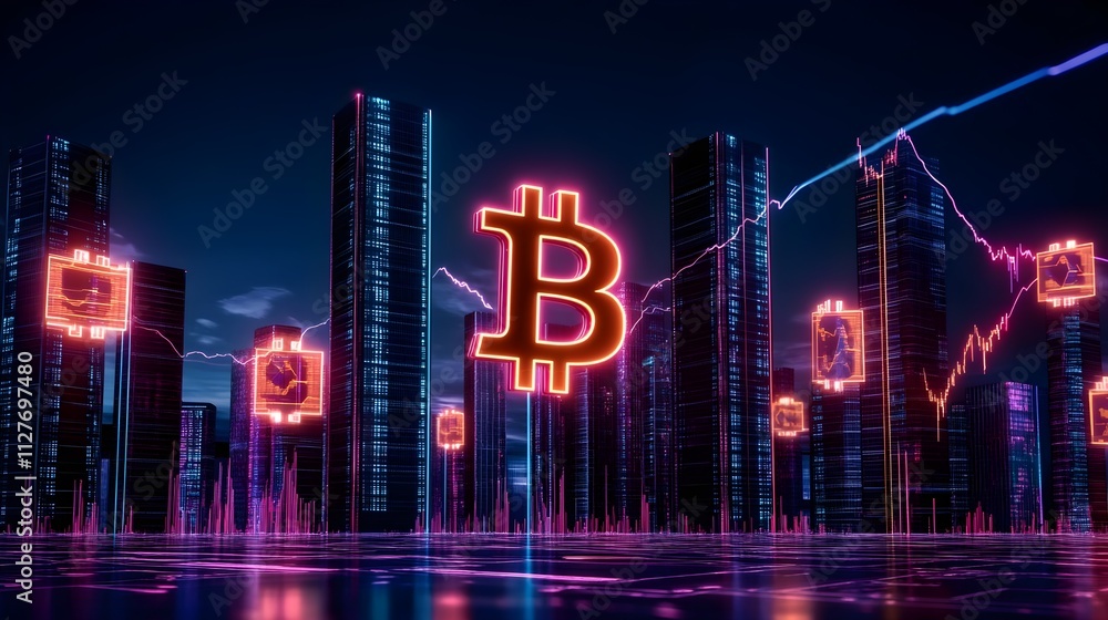 Naklejka premium Bitcoin Cityscape Neon Lights