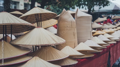 Colorful Traditional Hats Displayed at Local Market. A vibrant array of traditional hats showcased at a bustling market, highlighting craftsmanship and cultural heritage.