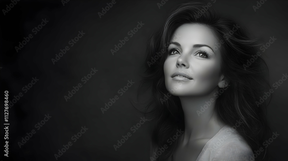 Woman's Beauty: Graceful Pose, Dark Hair, Monochrome Portrait, Elegant Style, Hopeful Expression, Serene Mood, Inner Peace, Soft Light, Dreamy Gaze, Timeless Aesthetic Woman's Beauty: Graceful Pose, Dark Hair, Monochrome Portrait, Elegant Style, Hopeful Expression, Serene Mood, Inner Peace, Soft Light, Dreamy Gaze, Timeless Aesthetic