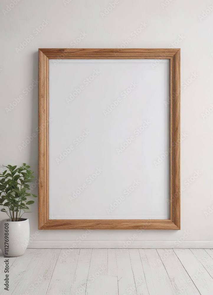 Wooden frame with white mat border on clean white wall, art, simplicity, elegance, interior design, display Wooden frame with white mat border on clean white wall, art, simplicity, elegance, interior design, display
