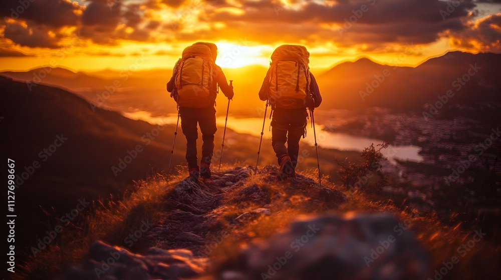 Hikers Trek Mountain Sunset, Golden Hour Adventure Hikers Trek Mountain Sunset, Golden Hour Adventure