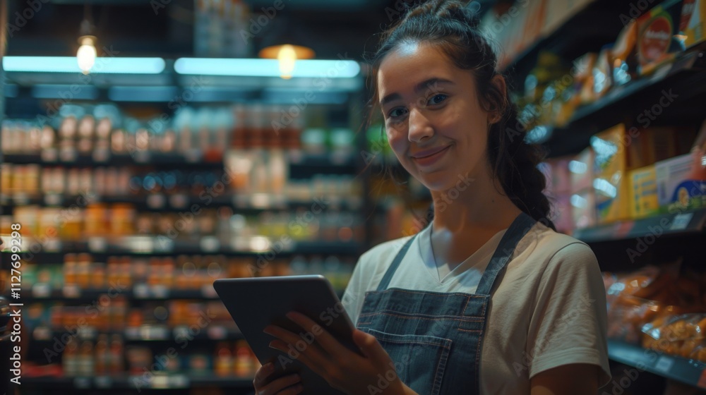Woman using tablet in store aisle for inventory management and product placement optimization. Woman using tablet in store aisle for inventory management and product placement optimization.