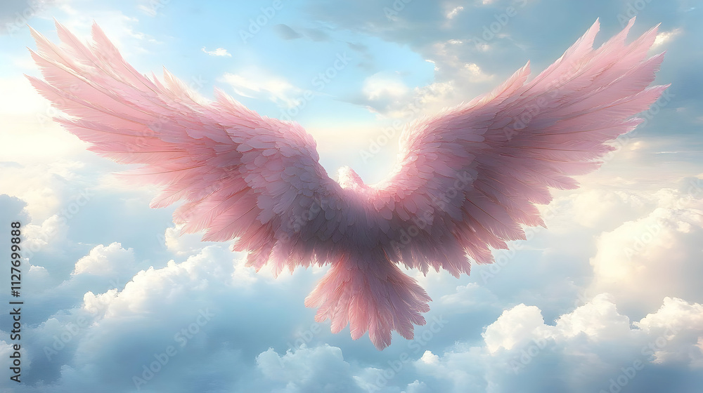 Pink Angel Wings Soar Through Clouds, Serenity, Dreams Pink Angel Wings Soar Through Clouds, Serenity, Dreams