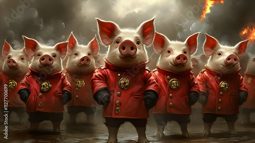 Pigs in Red Coats Stand Brave, Facing Disaster