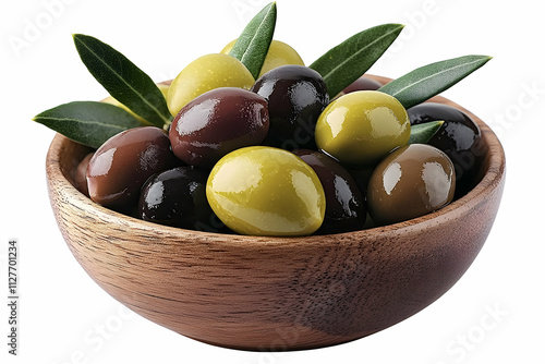 A Wooden Bowl of Olives,  A Culinary Still Life Featuring Green, Brown, and Black Olives Garnished with Olive Leaves photo