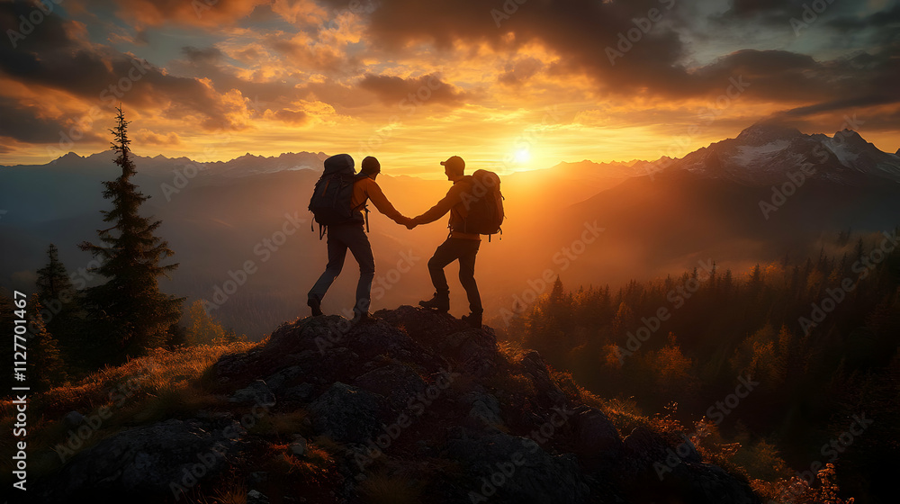 Hikers Reach Summit at Sunset, Stunning View Hikers Reach Summit at Sunset, Stunning View