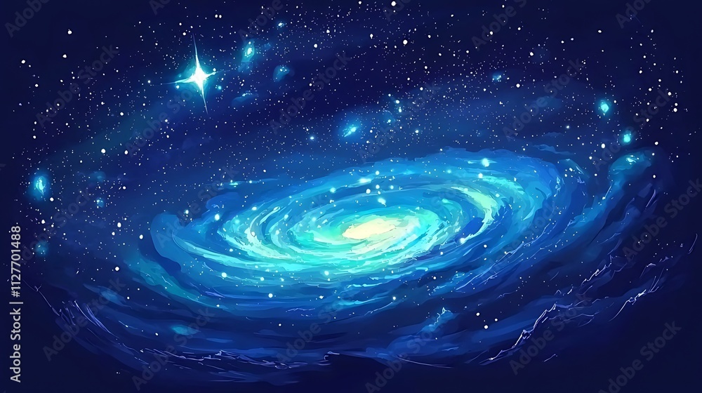 Obraz premium Spiral galaxy swirling with blue and teal nebulae, bright stars.