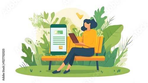 A person using a smartphone to access an online learning platform while sitting outdoors on a park bench, surrounded by greenery 