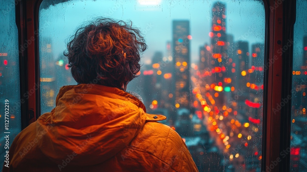 A person in a yellow jacket gazes at a cityscape through a rain-streaked window. A person in a yellow jacket gazes at a cityscape through a rain-streaked window.