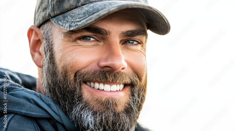 Happy Man with Beard and Cap Enjoying the Outdoors Happy Man with Beard and Cap Enjoying the Outdoors