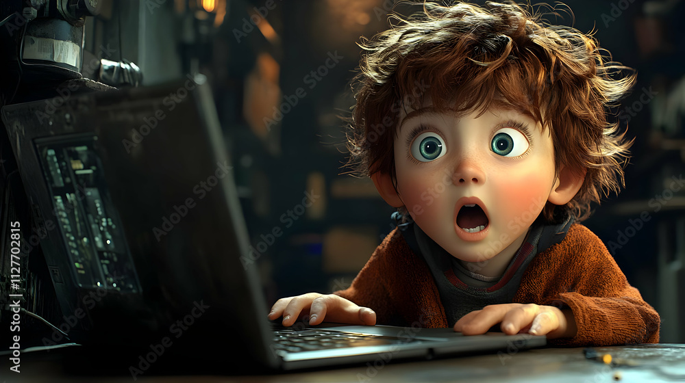 Boy's Astonished Reaction to Online Discovery, Digital World Adventures Boy's Astonished Reaction to Online Discovery, Digital World Adventures