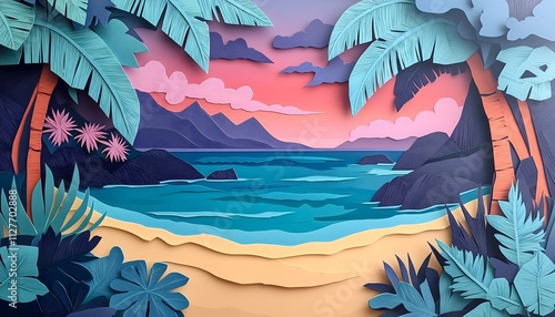 An illustration of a pastel colored tropical beach landscape in a paper cut style
