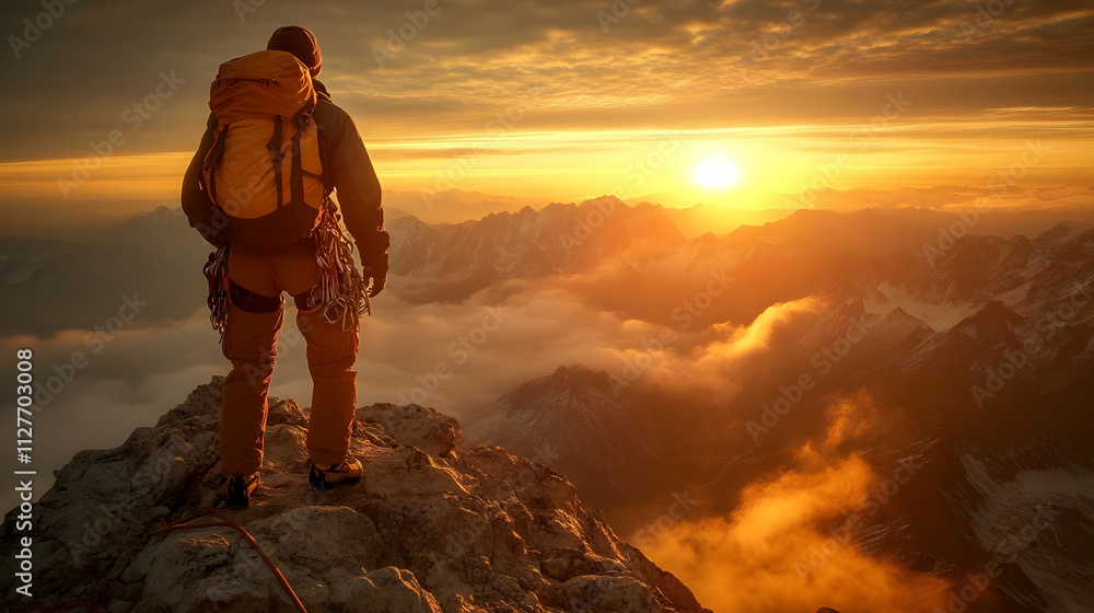 Climber Conquers Peak at Sunrise, Majestic Mountain View Climber Conquers Peak at Sunrise, Majestic Mountain View