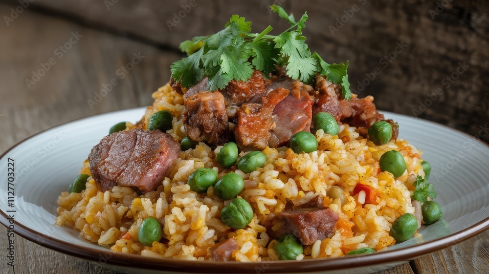 Delicious Plate of Fried Rice with Succulent Meat and Fresh Vegetables. Savor a mouth-watering dish of fried rice topped with tender meat, fresh peas, and vibrant herbs, perfect for food ent... Delicious Plate of Fried Rice with Succulent Meat and Fresh Vegetables. Savor a mouth-watering dish of fried rice topped with tender meat, fresh peas, and vibrant herbs, perfect for food ent...