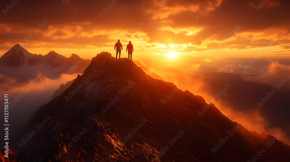 Hikers Contemplate Sunset's Golden Hues on Mountain Peak Hikers Contemplate Sunset's Golden Hues on Mountain Peak