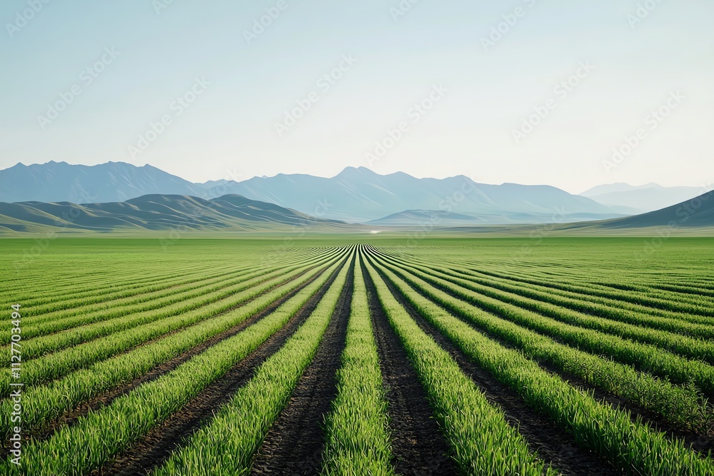 Vast green fields stretch towards majestic mountains under a clear blue sky. Vast green fields stretch towards majestic mountains under a clear blue sky.