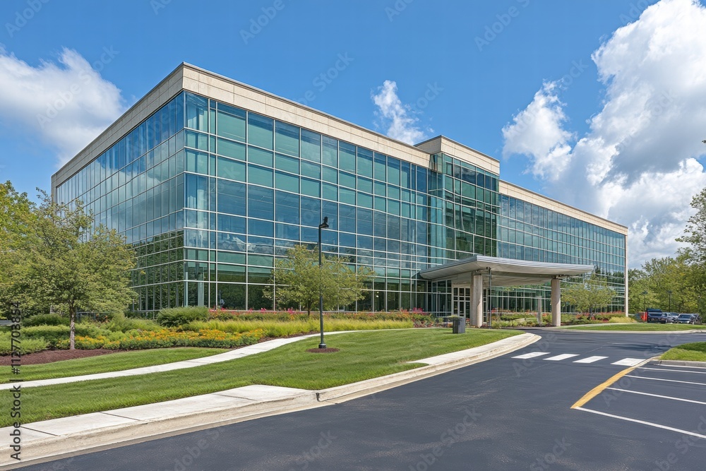 Modern Office Building Exterior with Landscaped Grounds Modern Office Building Exterior with Landscaped Grounds