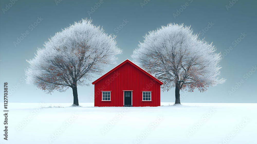 Red House Winter Wonderland: Snowy Trees, Frosty Landscape, Peaceful Scene Red House Winter Wonderland: Snowy Trees, Frosty Landscape, Peaceful Scene